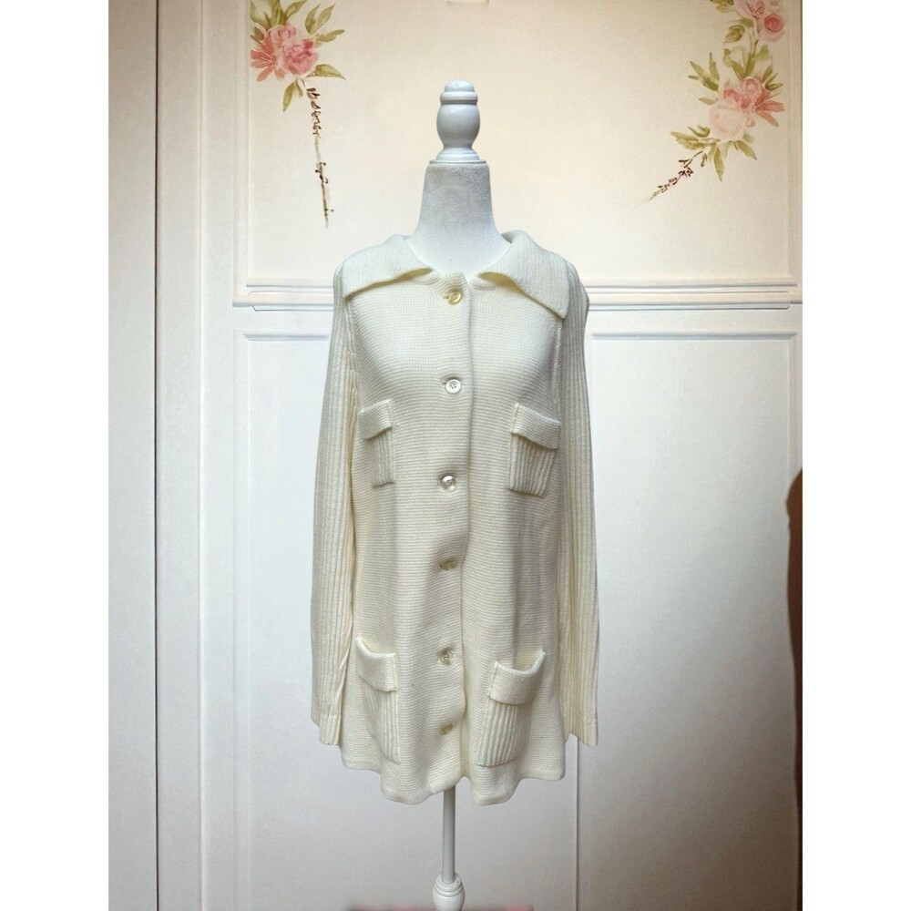 Vintage 1960s Cardigan Sweater 60s Top Cream Button Up Coat Mid Century Mod 40”